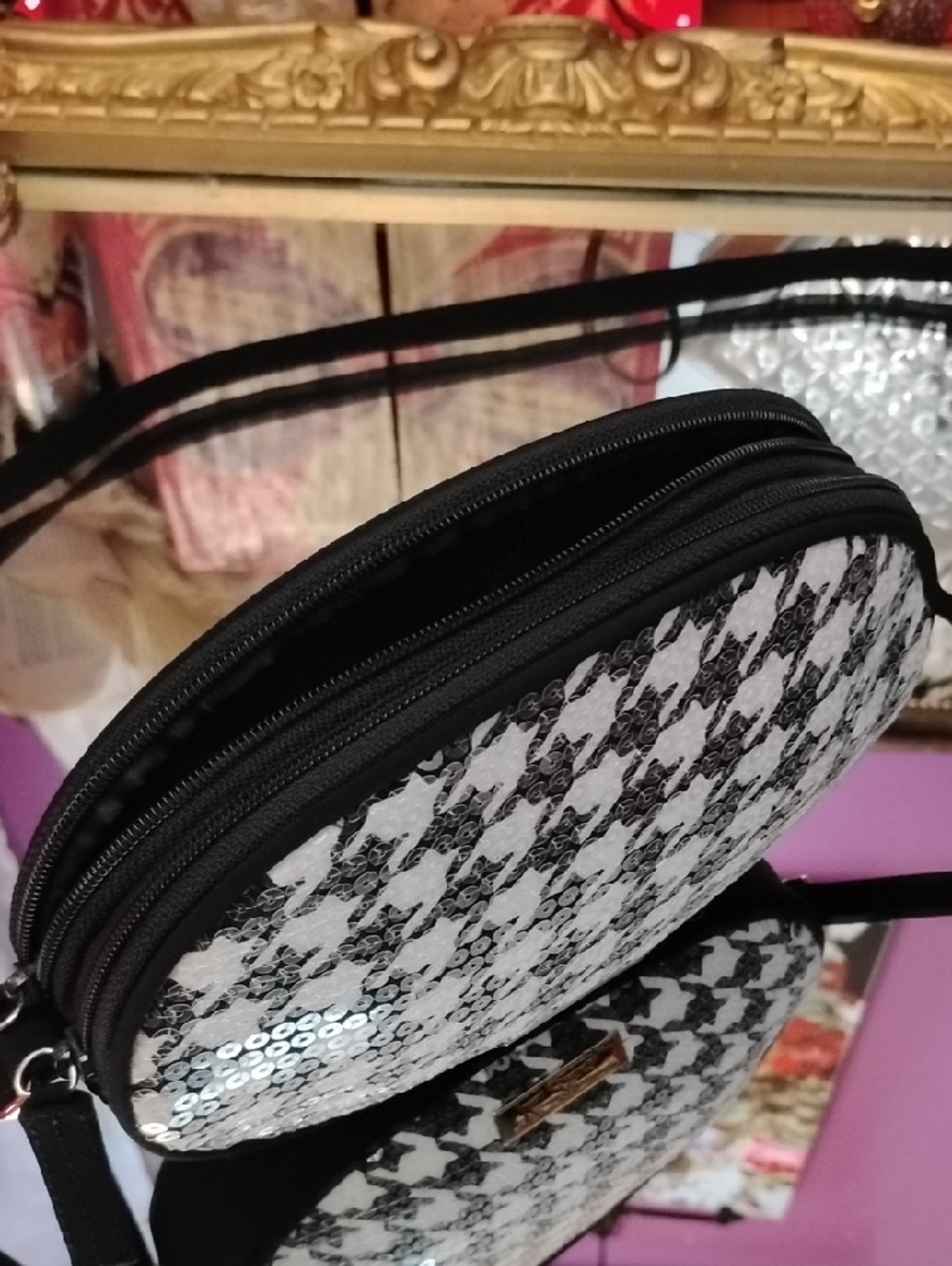 VERA Bradley Crossbody Black and White with Sequin Overlay.  Adjustable Strap - Picture 13 of 13